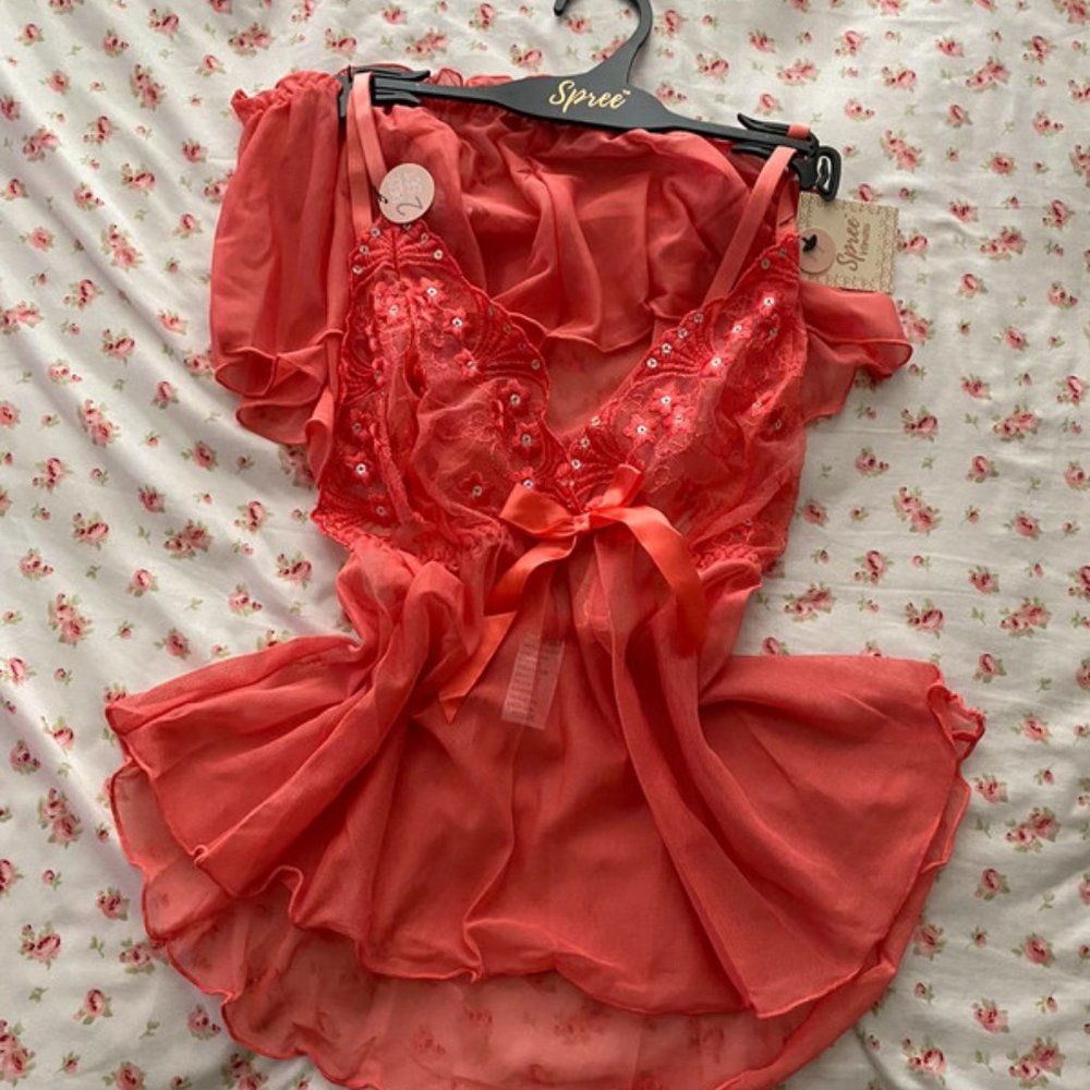 NWT Coral Lace Rhinestone Cami Top And Bottom Set Y2K